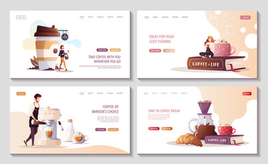 Set of web pages for Coffee shop, break, cafe-bar, restaurant. Barista with coffee machine. Woman with coffee in paper cup. Woman drinking coffee. Vector illustration for poster, banner, website. - obrazy, fototapety, plakaty