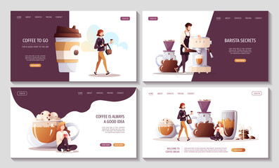 Set of web pages for Coffee shop, break, cafe-bar, restaurant. Barista with coffee machine. Woman with coffee in paper cup. Woman drinking coffee. Vector illustration for poster, banner, website.