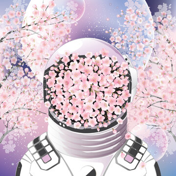 Vector illustration of the astronaut with cherry floral decoration on the face on a background of planets and cherry trees. Design for picture frame, poster, brochure and science fiction