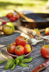 Tomatoes, garlic, basil on an old authentic table. Frying pan in the background. Fresh homemade ingredients for pasta