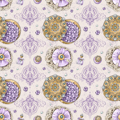 Seamless pattern on beige background made of hand drawn illustrations of vintage powder, puff, ornament, crystal jar for wallpaper, textile design, identity, package, wrapping paper, decoration