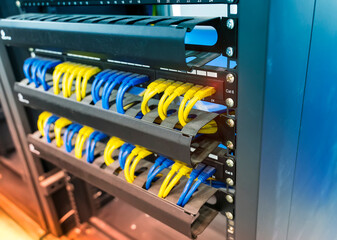 network cable in switch and firewall in cloud computing data center server rack