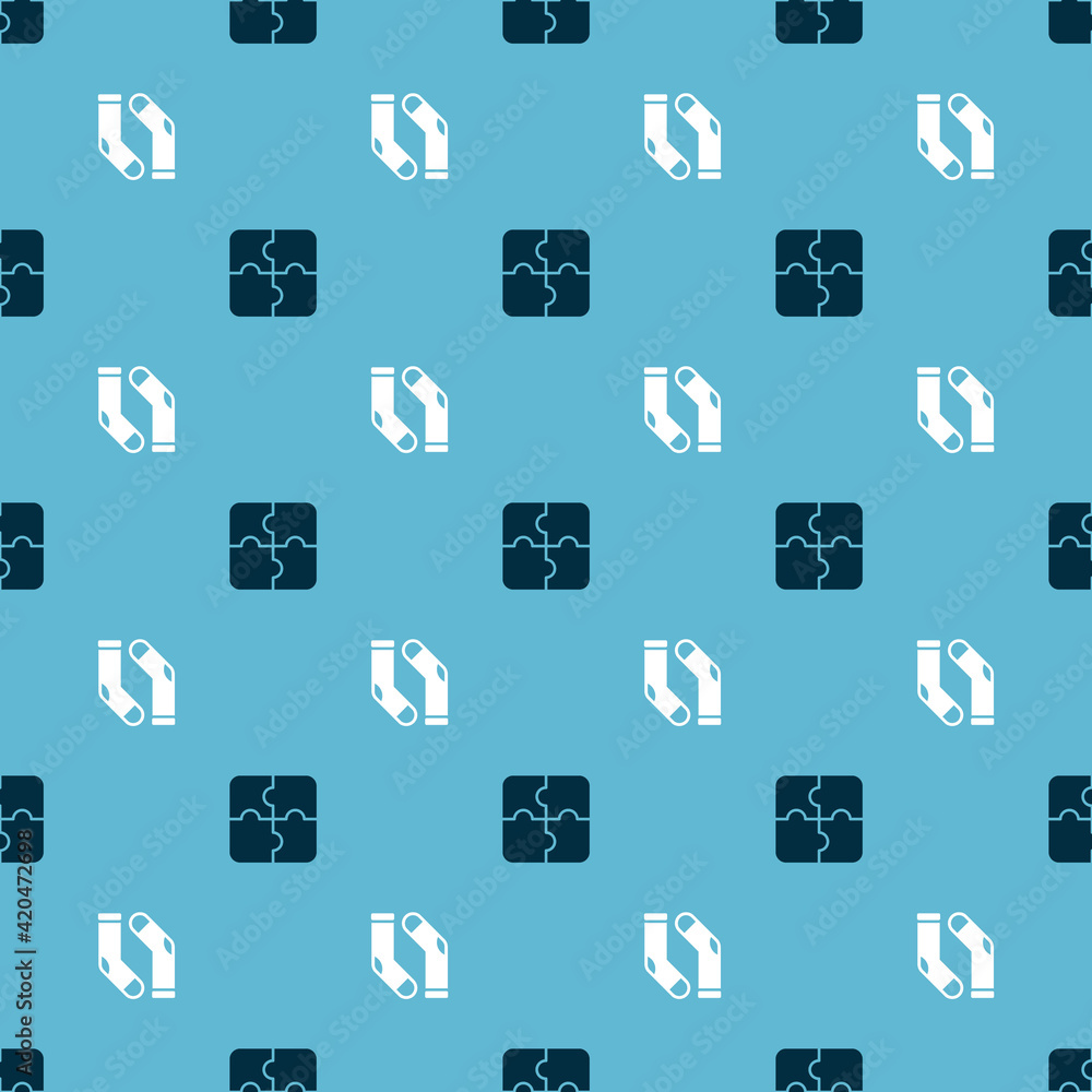 Poster set piece of puzzle and socks on seamless pattern. vector