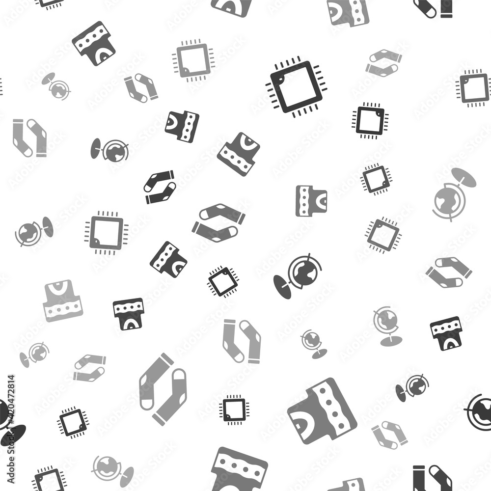 Aufkleber set processor with cpu, waistcoat, earth globe and socks on seamless pattern. vector