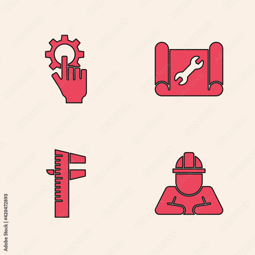 Poster set builder, settings in the hand, graphing paper wrench and calliper or caliper scale icon. vector