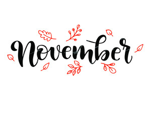 Hand drawn typography lettering, template, icon, badge, November word, isolated on the white background. Modern calligraphy style. Brush pen.