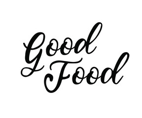 Fototapeta na wymiar Good food hand lettering, brush calligraphy. Typography vector design for health centers, organic and vegetarian stores, poster, logo. Good food vector text. Calligraphic handmade lettering.