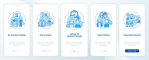 Tips of how to motivate people onboarding mobile app page screen with concepts. Telling motivation story walkthrough 5 steps graphic instructions. UI vector template with RGB color illustrations - obrazy, fototapety, plakaty