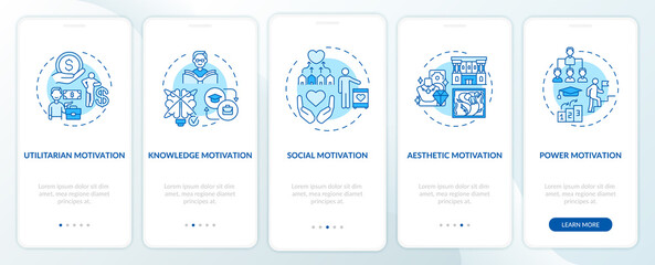 Fototapeta na wymiar Motivational factors onboarding mobile app page screen with concepts. Inspiration for work and education walkthrough 5 steps graphic instructions. UI vector template with RGB color illustrations