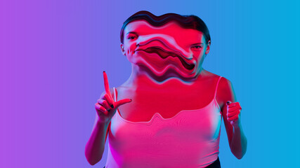 Mental health concept in creative way. Woman with different emotions connected by colorful wave. Splitting personality, displayed and hidden feelings. Happe, cheerful and disappointed, depressed.