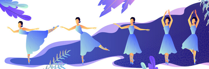 Dancing, ballet, teaching set concept. Young woman ballet dancer. Graceful girl is being taught ballet. Cheerful female ballerina loves dancing and doing performance. Isolated flat vector illustration