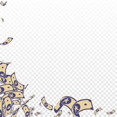 Chinese yuan notes falling. Messy CNY bills on tra