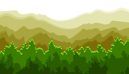 Vector Mountains Background, Green Forest, Colorful Illustration, Flat Layers, Graphic Backdrop, Wild Nature, Warm Colors.
