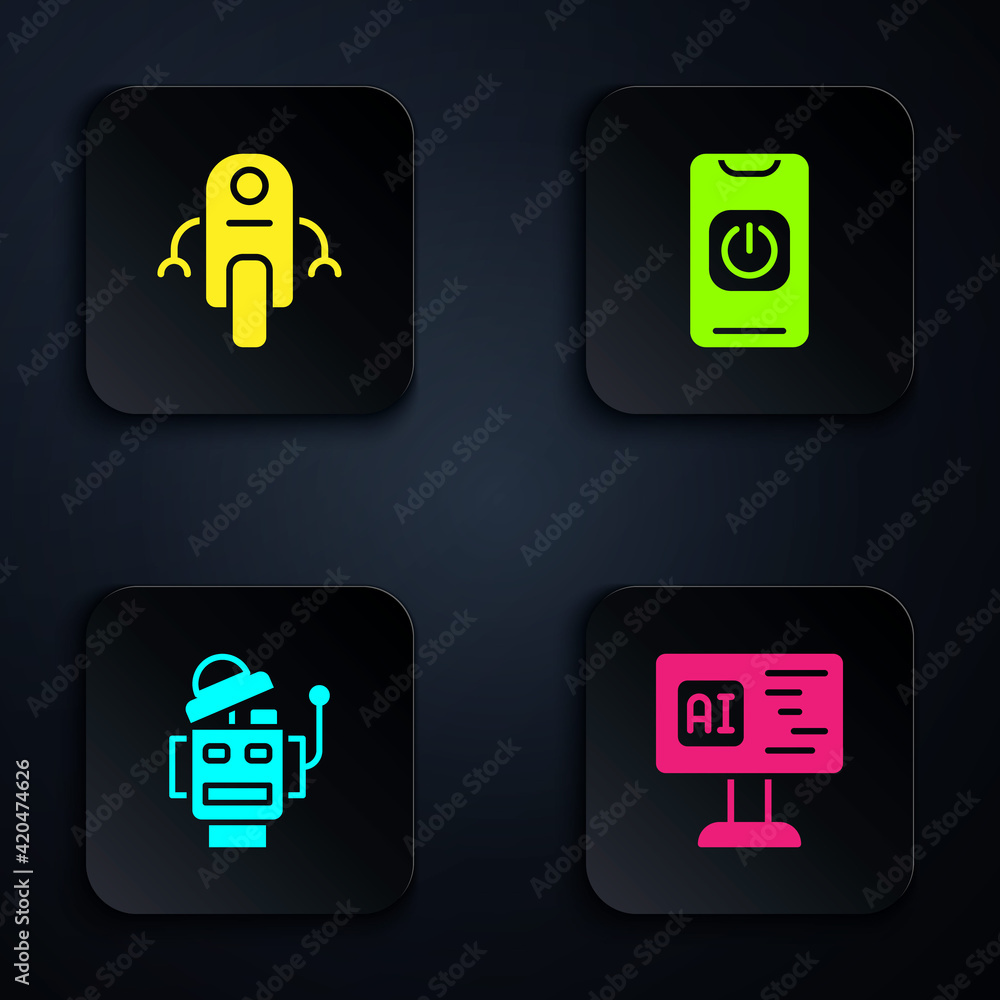 Poster set software, robot, and turn off robot from phone. black square button. vector