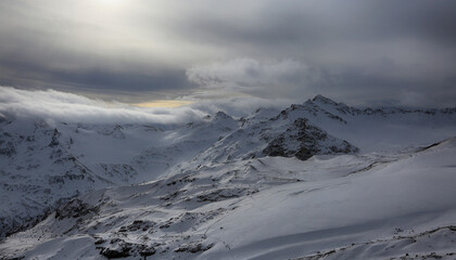 Beautiful panoramic view of the Highest mountain range of the Greater Caucasus