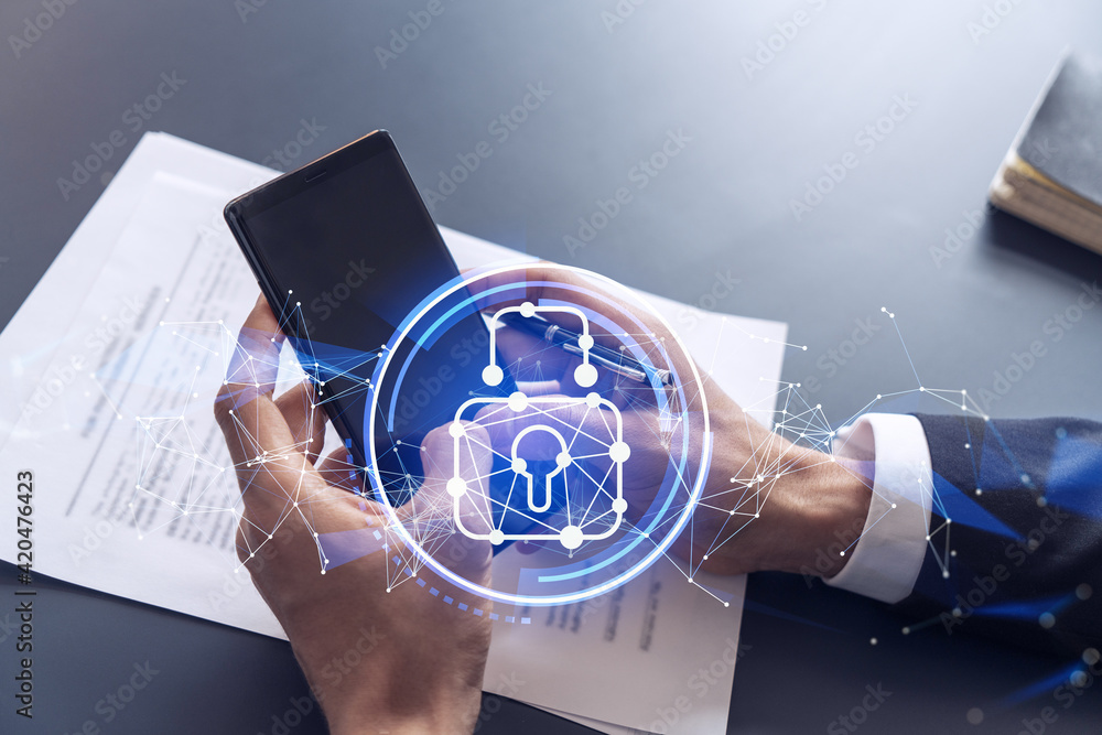 Poster a businessman in formal wear reading the contract to prevent probability of risks in cyber security 