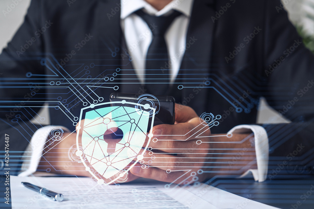 Poster a businessman in formal wear reading the contract to prevent probability of risks in cyber security 