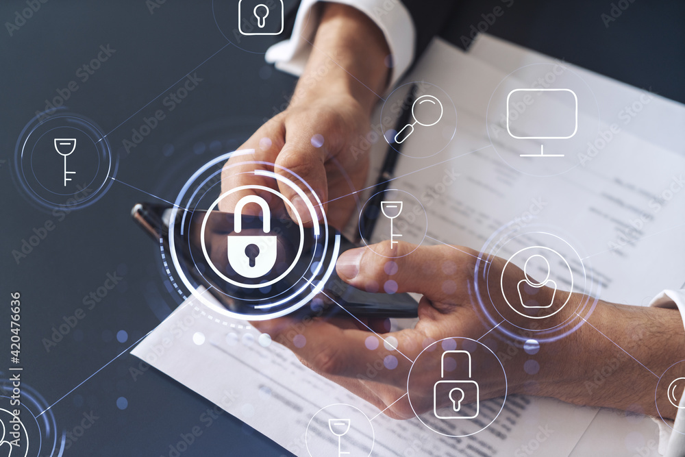 Poster a businessman in formal wear reading the contract to prevent probability of risks in cyber security 