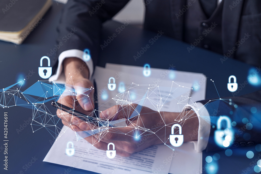 Poster a businessman in formal wear reading the contract to prevent probability of risks in cyber security 