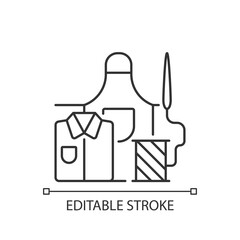 Work clothes repair linear icon. Sewing industrial outfit on manufacture. Needlecraft workshop. Thin line customizable illustration. Contour symbol. Vector isolated outline drawing. Editable stroke