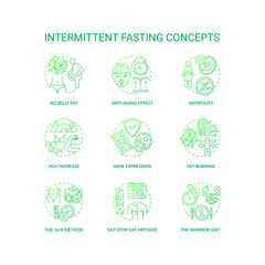 Intermittent fasting dark green concept icons set. No belly fat. Anti-aging effect. HGH increase. Gene expression. Diet idea thin line RGB color illustrations. Vector isolated outline drawings