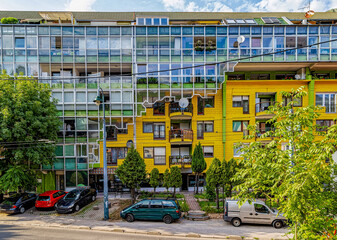 An old building and a new building have been ingeniously merged into a new modern building complex. Sarajevo downtown, Bosnia and Herzegovina. 