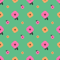 Pretty seamless pattern with simple colorful  abstract flowers(pink and orange).Vector floral ornament on green background.For textiles,fabrics,wallpapers,wrapping papers.