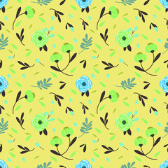 Beautiful seamless pattern with simple colorful  abstract flowers(blue and green) and leaves.Vector floral ornament on yellow background.For textiles,fabrics,wallpapers,wrapping papers.