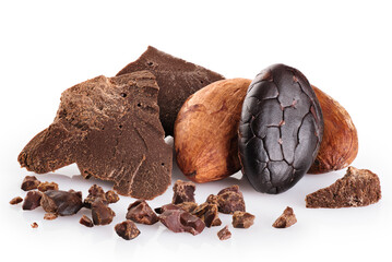 Cocoa beans and chocolate isolated on white background. Chopped cocoa beans.