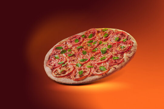 Brazilian pizza with tomato sauce, mozzarella, tomato, parmesan and basil (Pizza marguerita) - Isolated.