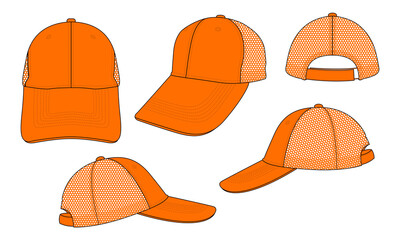 Blank Orange Mesh Baseball Cap with Adjustable Hook-Loop Strap Template on White Background, Vector File.