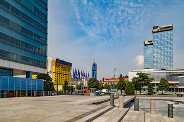 View of the urban districts of Sarajevo, from the Parliament building. The Holiday Hotel, flags,...