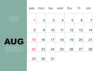 August 2021. Calendar planner design template. Week starts on Sunday. Stationery design. Vector Illustration