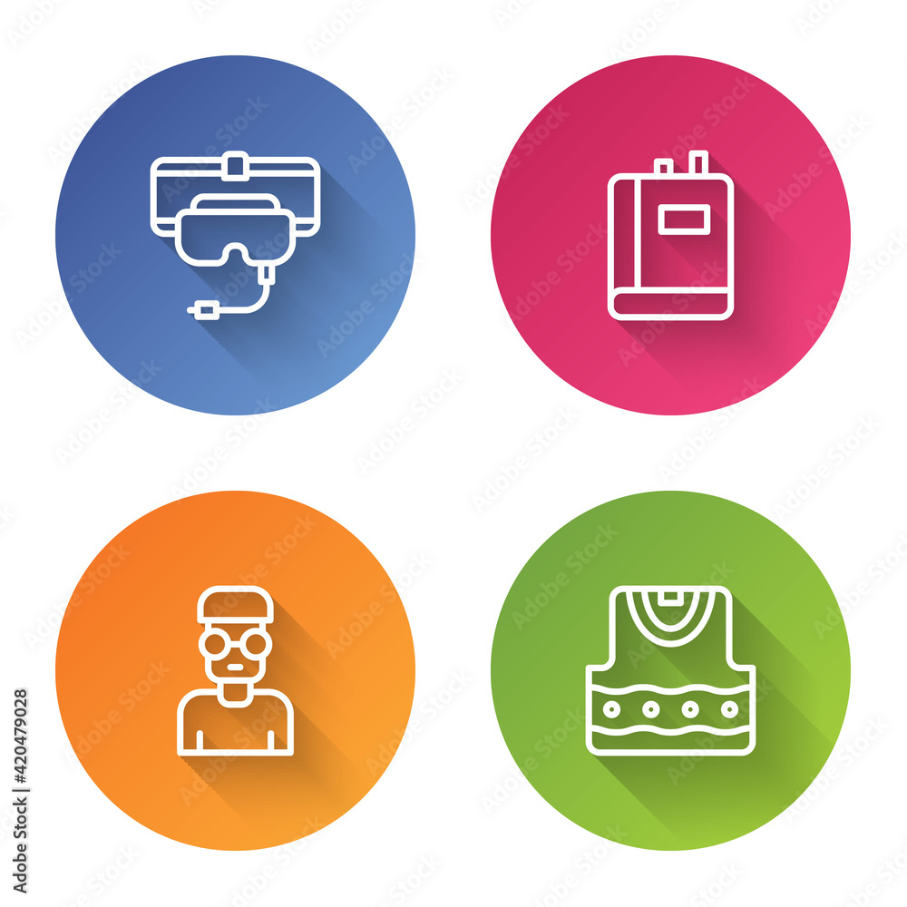 Poster set line virtual reality glasses, book, nerd geek and waistcoat. color circle button. vector