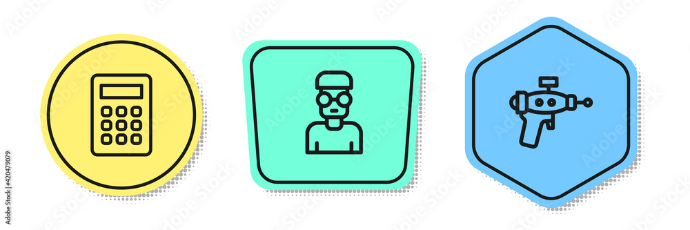 Poster set line calculator, nerd geek and ray gun. colored shapes. vector