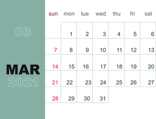 March 2021. Calendar planner design template. Week starts on Sunday. Stationery design. Vector Illustration