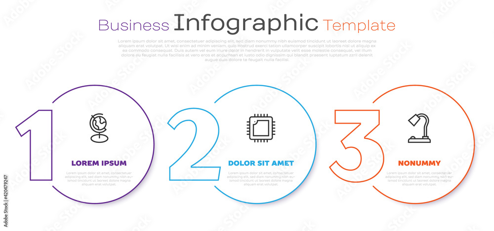Poster set line earth globe, processor with cpu and table lamp. business infographic template. vector