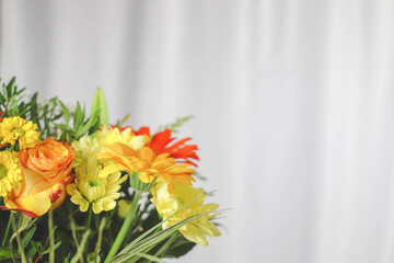 Flowers on white background, bouquet of flowers, postcard, place for your text.