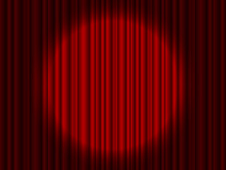 Curtain on stage. Red background with spotlight in theater or cinema. Red closed velvet curtain for circus, theatre, scene, club. Background wirh light of projector for ceremony on broadway. Vector.