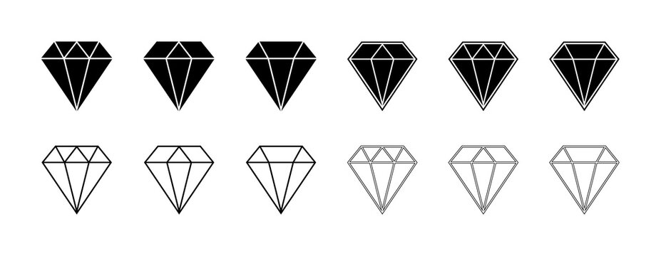 Diamond icon. Gem crystal. Logo of jewel brilliant. Blue, outline and black gemstone. Graphic symbol of jewelry, value, love from heart. Shapes isolated on white background. Fashion carat. Vector
