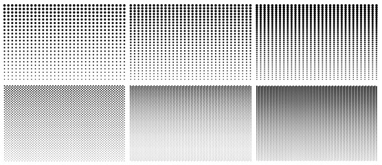 Halftone gradient pattern. Texture with dot gradation. Black halftone gradient pattern with fade on white background. Big graphic geometric poster. Monochrome retro wallpaper. Design element. Vector