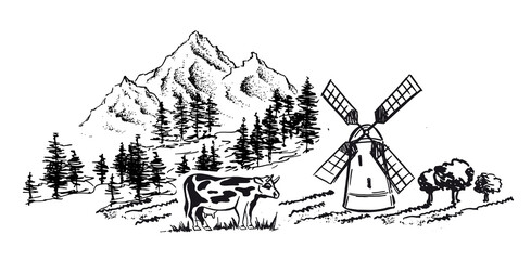 Mountain landscape. Cow in black. Windmill. Sketch style, Vector illustration.	