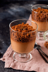 Chocolate mousse with brownie in glass jars on a dark slate, stone or concrete background. Delicious dessert. Selective focus