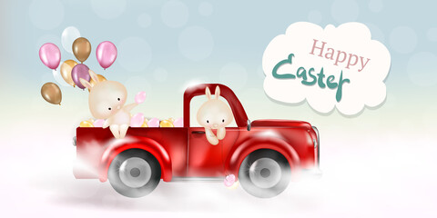 Fototapeta na wymiar Cartoon cute family white rabbits driving a truck