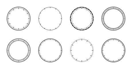 Clock face. Dial of watch. Circles of clock faces for time. Simple graphic icon isolated on white background. Design of outline of watch for wall. Modern blank timer. Silhouette of stopwatch. Vector