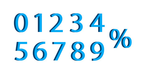 3d number with percent. Font of number for advertising and discount. Icon of 0, 1, 2, 3, 4, 5, 6, 7, 8, 9. Set of blue signs for price, numeral and money. Collection of figure for creative. Vector