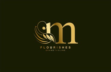 lowercase letter m linked beauty flourish golden color logo design