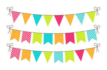 Bunting for party, birthday, carnival and event. Bright banners and flags of decoration. Hanging string, triangles, garland for fun. Blue, green, pink, orange colors. Celebration anniversary. Vector
