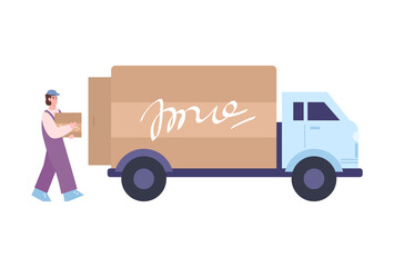 Factory or warehouse loader carries boxes to van vector illustration isolated.