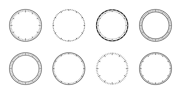 Clock face. Dial of watch. Circles of clock faces for time. Simple graphic icon isolated on white background. Design of outline of watch for wall. Modern blank timer. Silhouette of stopwatch. Vector